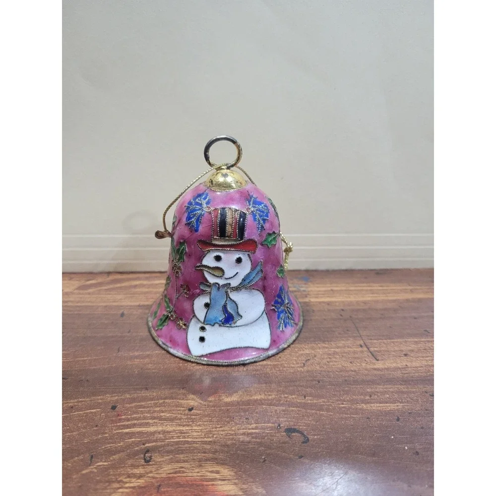 Snowman Bell Cloisonne Pink & Gold Bell Enamel Design Christmas Ornament
